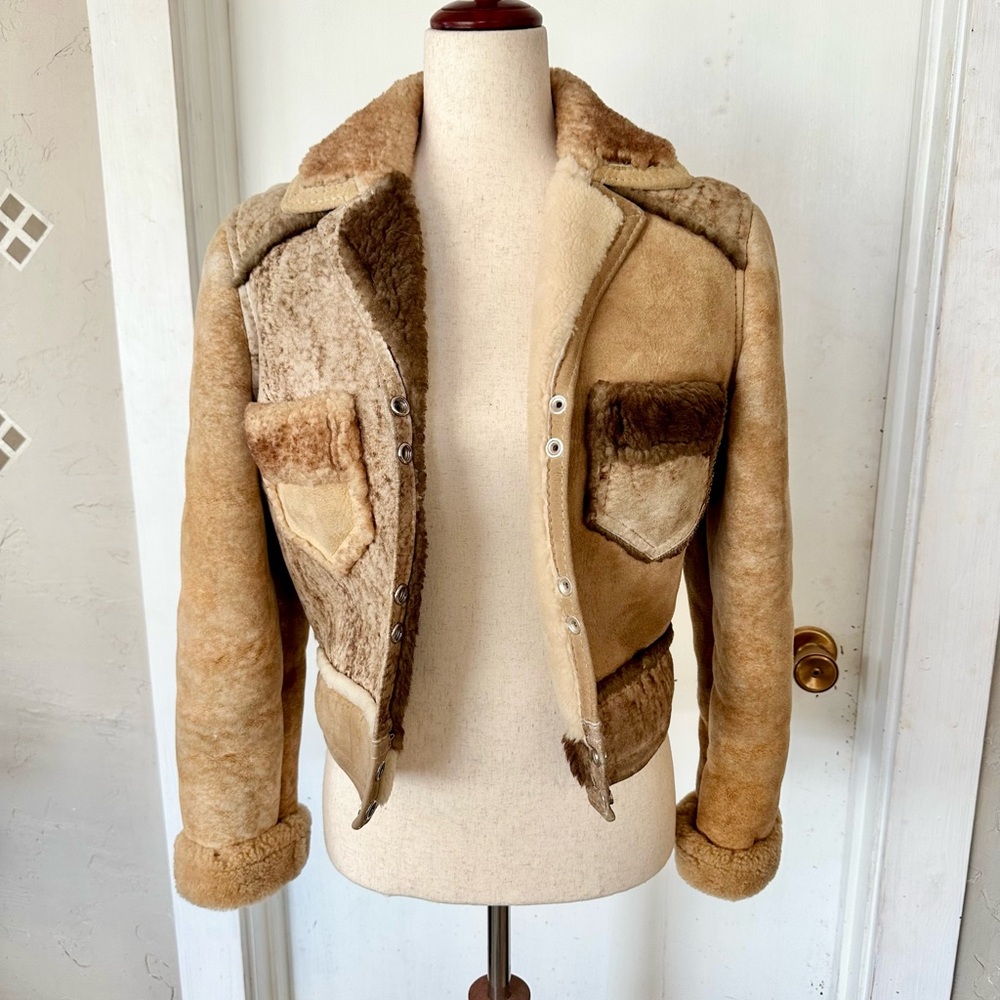 Handmade One of a Kind Rare Patchwork Shearling Cropped Penny Lane Coat XS/S - Picture 3 of 9